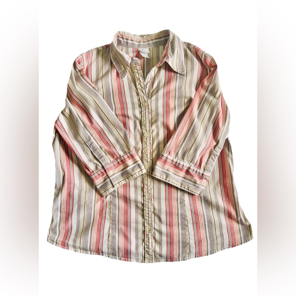 G.V. Stretch Button Down Blouse 3/4 Sleeve Cotton Blend Striped Plus Size 14/16W - Picture 6 of 8
